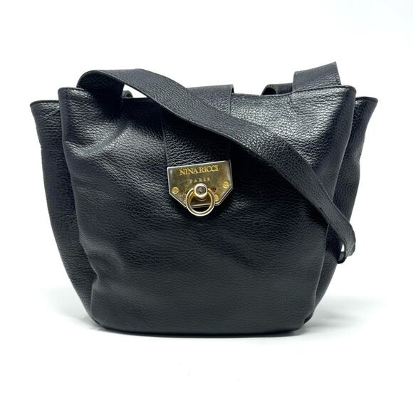 Nina Ricci Vintage Black Pebbled Leather Bucket Shoulder Bag – Gold Turnlock - Picture 1 of 8